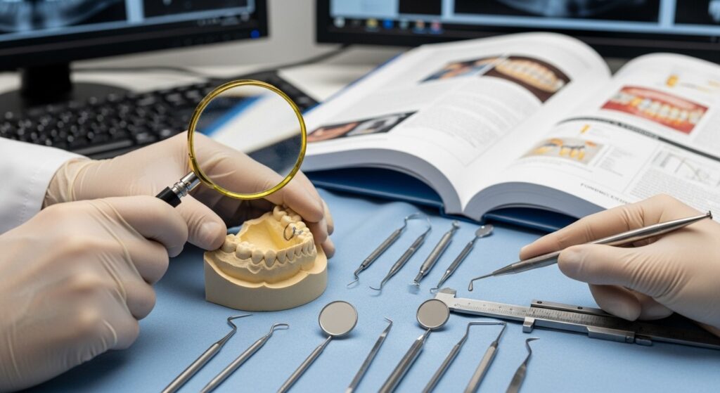 Como funciona uma perícia odontológica judicial: o passo a passo explicado 1 dentista perito analisando exmaes documentos em pericia odontologica